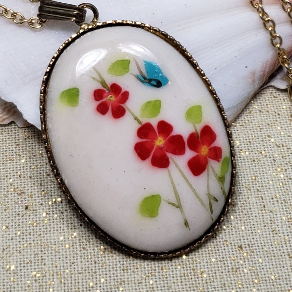 Hand painted ceramic tiles bezel necklace floral